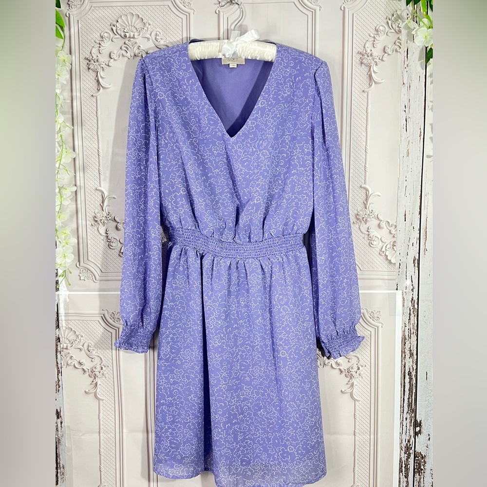 J.Crew floral purple violet V-neck long balloon sleeve dress Size Small
